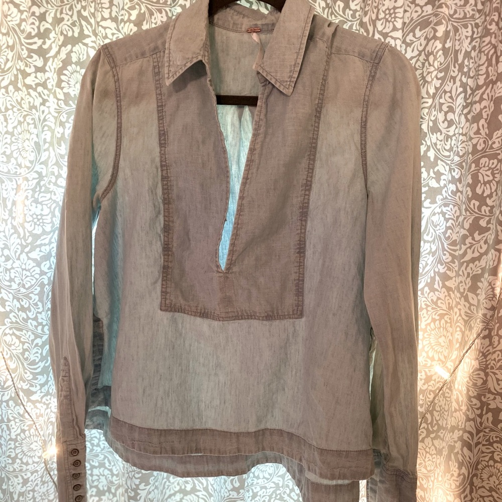 Free People light denim blouse.